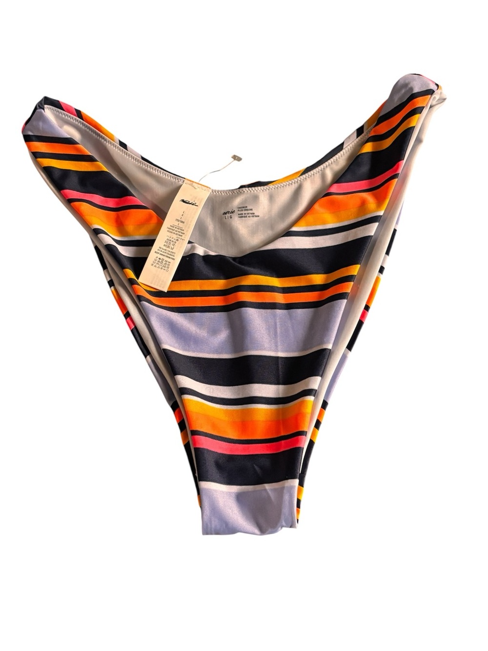 aerie Striped High-Cut Bikini Bottom in Black, Orange, Pink, White New Without T